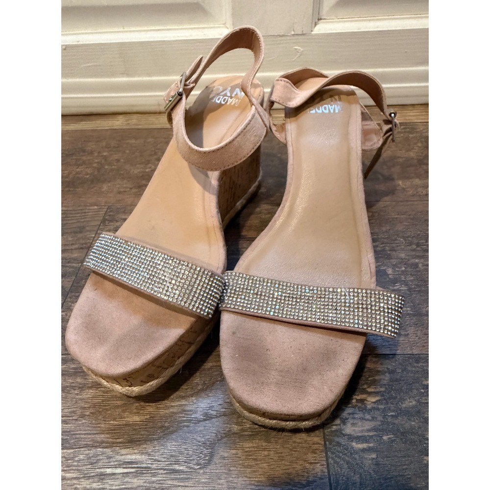 Madden NYC Womens Rhinestone Cork Wedge Sandals Nude Pink Size 10W Wide